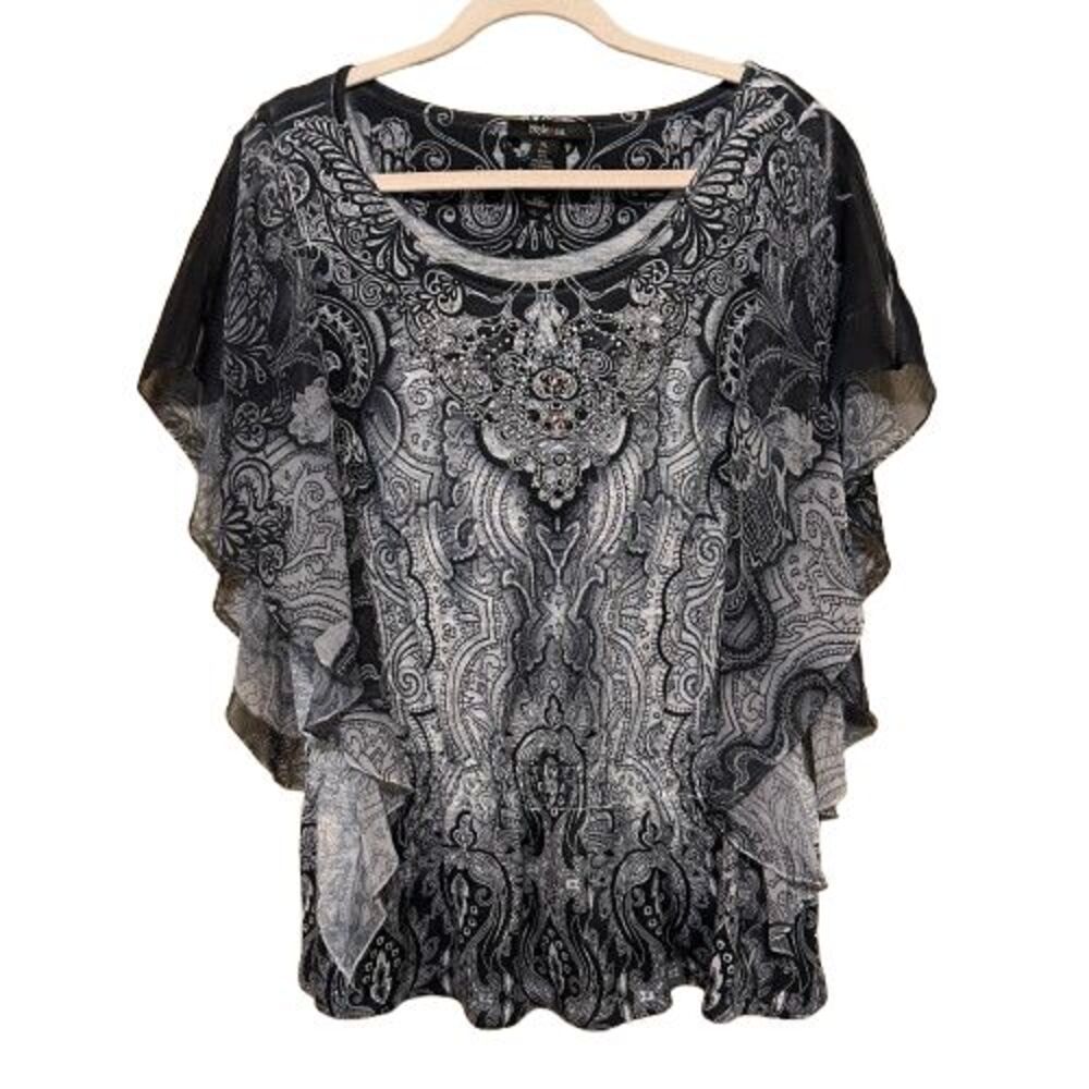 Style & Co. Batwing Chiffon Sleeve Top XL Black Gray Paisley Boho Whimsigoth
